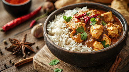 A vibrant bowl of chicken curry served with fluffy rice, garnished with fresh herbs and spices, perfect for a cozy meal or culinary inspiration.の素材