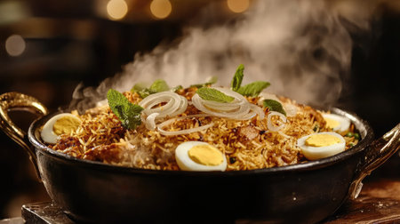 A steaming pot of flavorful biryani garnished with boiled eggs and fresh herbs, capturing a culinary delight perfect for any festive occasion or meal.の素材