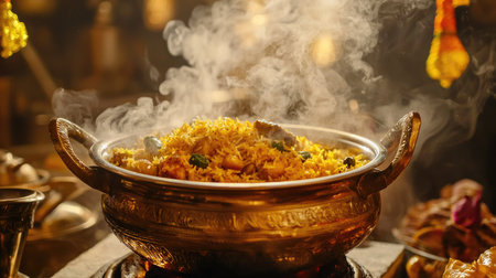 Capture the essence of traditional cooking with aromatic biryani simmering in a decorative metal pot. The dish fills the air with rich, fragrant spices.の素材