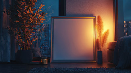 A cozy indoor scene capturing an empty frame and decorative plants illuminated by warm hues. Perfect for showcasing relaxation, tranquility, and modern aesthetics.の素材