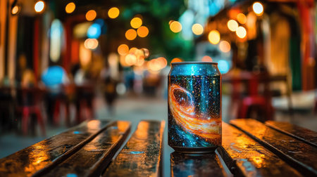 A creatively designed soft drink can featuring a stunning cosmic galaxy artwork, set against a vibrant urban street ambiance with a wooden table backdrop.の素材