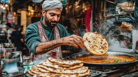 A dedicated street food vendor skillfully prepares traditional flatbread in a vibrant market setting, showcasing the rich culinary culture and tantalizing aromas.の素材