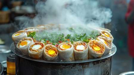 A colorful street food scene featuring delicious spicy wraps filled with eggs and fresh herbs, surrounded by aromatic steam, ideal for food lovers.の素材