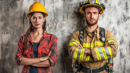 A male firefighter stands confidently beside a determined female worker, both in safety gear. Their expressions showcase strength, teamwork, and professionalism in emergency services.の素材