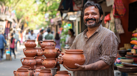 A cheerful artisan proudly showcases his handmade clay pot in a bustling market. This vibrant scene captures the essence of craftsmanship and cultural heritage.の素材