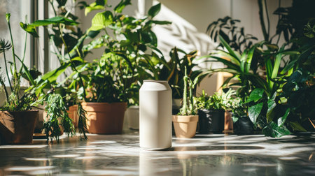 A minimalist white vase stands elegantly among lush green plants, bathed in soft sunlight. This serene indoor scene captures tranquility and nature's beauty, perfect for decor inspiration.の素材