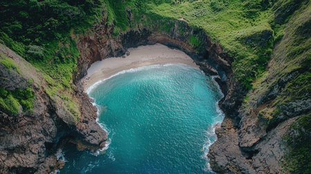 Discover the breathtaking beauty of a secluded cove with turquoise waters, surrounded by lush greenery. Perfect spot for nature lovers and relaxation seekers.の素材