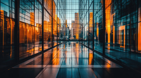 A breathtaking view of modern glass architecture reflecting city life during sunset. The interplay of light and shadows enhances the serene ambiance of the urban space.の素材