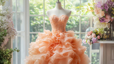A stunning peach wedding dress with ruffles displayed in a charming boutique. The delicate design showcases elegance, perfect for bridal inspiration and special occasions.の素材