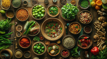 Discover an array of fresh herbs and spices arranged beautifully in a rustic kitchen setting. Perfect for culinary inspiration and healthy cooking ideas.の素材