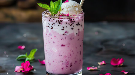 A stunning pink beverage topped with ice cream and fresh mint, garnished with flower petals, perfect for summer parties and gatherings. Refreshingly sweet with a gorgeous presentation.の素材