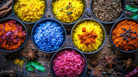 A vibrant display of colorful spices and rice bowls on a rustic wooden table, showcasing a variety of colors and textures that evoke culinary creativity and flavor.の素材