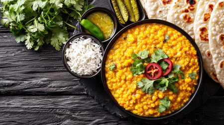 A vibrant dish showcasing classic Indian cuisine with lentils, rice, and flatbread, garnished with fresh coriander and chilies, perfect for food lovers.の素材