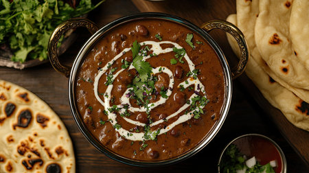 Indulge in this authentic Indian curry featuring black beans, creamy swirls, and fresh herbs. A vibrant dish perfect for sharing and enjoying rich flavors.の素材