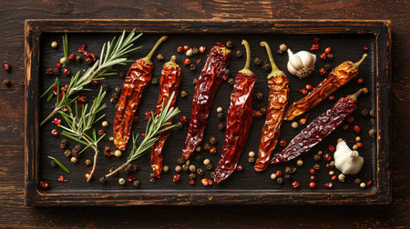 A stunning arrangement of dried chilies and aromatic spices on a rustic wooden tray, perfect for highlighting culinary creativity and flavor diversity.の素材