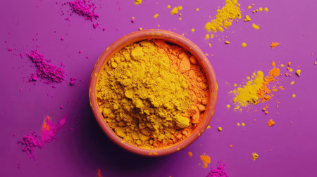 A vibrant arrangement of colorful powdered pigments in a bowl, with splashes on a rich purple surface. Perfect for creative projects and artistic visual appeal.の素材