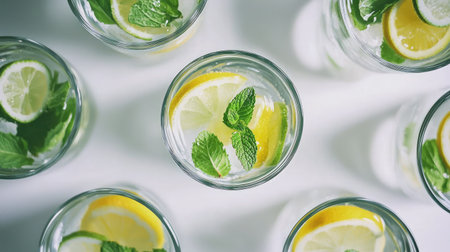 A delightful arrangement of refreshing lemon mint drinks with citrus slices in clear glasses, perfect for summer gatherings or relaxation. Enjoy the vibrant colors and fresh aromas.の素材