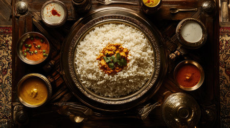 A beautifully arranged plate of fluffy rice topped with savory curry, surrounded by rich, colorful side dishes, perfect for showcasing diverse Indian cuisine.の素材