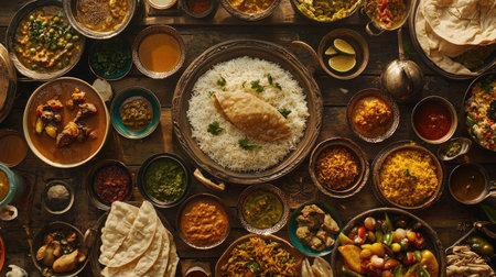 A beautifully arranged selection of traditional dishes featuring aromatic rice and flavorful accompaniments. Ideal for showcasing diverse cuisines and culinary artistry.の素材