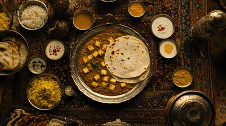 A beautifully arranged traditional Indian meal featuring rich curries, naan bread, fragrant rice, and yogurt, set on an intricately patterned tablecloth.の素材
