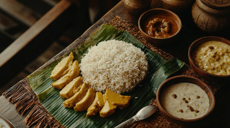 A beautifully arranged plate of traditional Asian cuisine featuring white rice, curried dishes, and vibrant garnishes served on a banana leaf, showcasing authentic flavors.の素材