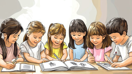 A vibrant illustration of young children joyfully engaging in drawing activities together, showcasing their creativity and teamwork in a classroom environment.の素材