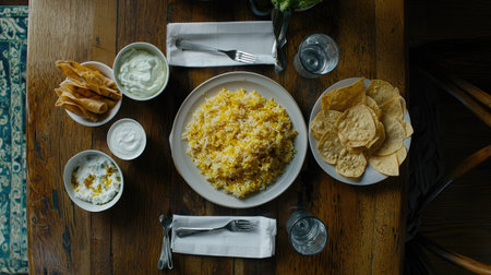 A vibrant homemade Mexican rice dish served on a rustic table, accompanied by tortilla chips, dips, beans, and refreshing sides. Perfect for sharing!の素材