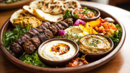 Experience a delightful Middle Eastern platter featuring grilled meat served with a variety of fresh sides and savory dips, perfect for any meal.の素材