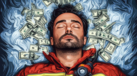 A compelling illustration of a man lying on a bed of cash, radiating relaxation and wealth. This artwork captures a serene moment intertwined with financial aspirations.の素材