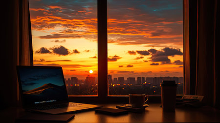 A serene workspace featuring a laptop and coffee cup by a window, showcasing an artistic sunset view over the city. A perfect blend of creativity and tranquility.の素材