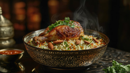 A beautifully presented bowl of chicken biryani, garnished with herbs and almonds, showcasing rich spices and steam rising, perfect for culinary enthusiasts.の素材