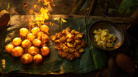 A vibrant scene showcasing traditional cooking over an open flame, featuring deliciously prepared vegetables and grains arranged beautifully on banana leaves.の素材
