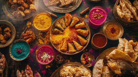 A vibrant assortment of Indian festival foods showcasing colorful sweets and savory snacks. Perfect for celebrations, events, and culinary experiences.の素材