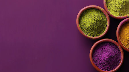 Bright and colorful bowls filled with various powdered spices create a vibrant contrast against a rich purple background, ideal for culinary and artistic themes.の素材