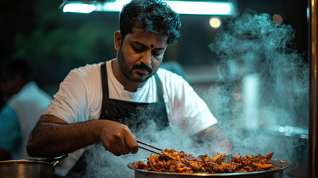 A skilled chef works diligently in a bustling street kitchen, preparing a spicy dish. The air is filled with aromatic steam, creating an enticing culinary scene.の素材