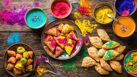 A vibrant and colorful display of traditional Indian sweets and snacks arranged on a rustic wooden table, perfect for festival celebrations and joyous occasions.の素材