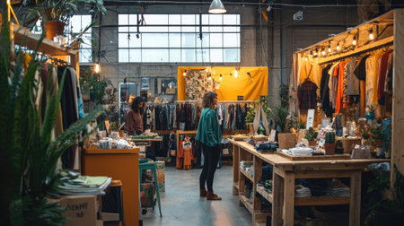 A bustling indoor market filled with vibrant clothing and unique accessories. The space features lush plants and creative displays, creating an inviting shopping atmosphere.の素材