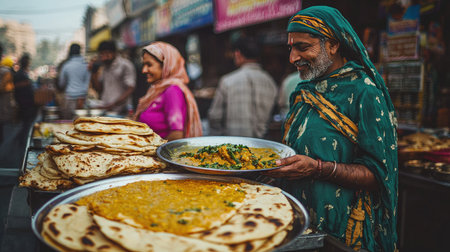 A vibrant street food scene showcasing a vendor serving freshly made flatbreads alongside a delicious curry dish, capturing the essence of local culture and culinary traditions.の素材
