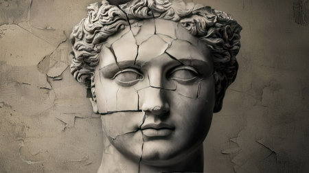 This image features a cracked marble sculpture of a classical face, reflecting beauty and history with intricate details against an aged background.の素材