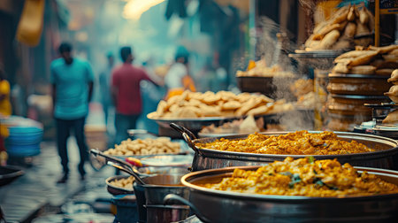 Experience the vibrant energy of a street food market featuring mouthwatering Indian dishes. The colorful setting offers a visual feast, capturing cultural richness.の素材