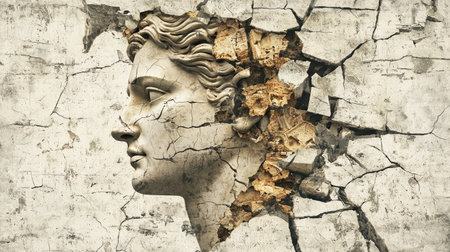 This striking image features a cracked wall with an ancient bust of a goddess emerging. The contrast between the smooth sculpture and rough texture creates a captivating visual narrative.の素材