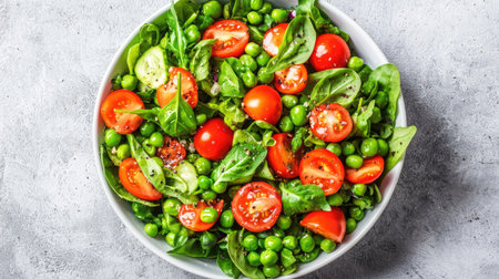 A vibrant fresh salad featuring cherry tomatoes and green peas, garnished with leafy greens. Perfect for a healthy meal or as a refreshing appetizer.の素材