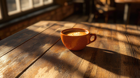A warm ceramic coffee cup rests on a rustic wooden table, bathed in soft morning light, casting gentle shadows. Perfect for cozy moments and relaxation.の素材