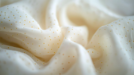 This image features a soft white fabric adorned with delicate gold dots, perfect for fashion design projects and elegant decor settings. Ideal for creative works.の素材