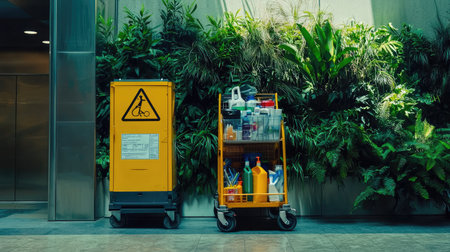 A vibrant indoor scene featuring a caution sign and a cart filled with cleaning supplies amidst lush greenery, emphasizing workplace hygiene and safety.の素材