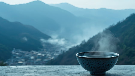 A serene bowl of hot tea emits steam against a majestic mountain backdrop, embodying tranquility and calmness. Perfect for relaxation and meditation.の素材