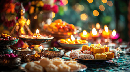 A vibrant display of Indian sweets on a beautifully decorated table, surrounded by candles and traditional elements, perfect for capturing the essence of celebration and culture.の素材