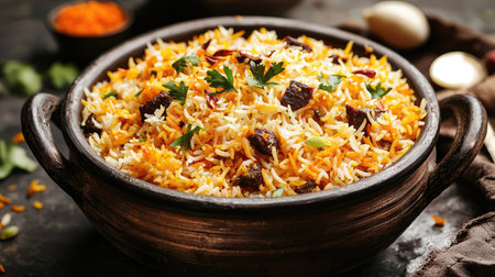 Experience the rich flavors of biryani served in a traditional pot, showcasing vibrant rice and aromatic spices, perfect for any culinary occasion.の素材