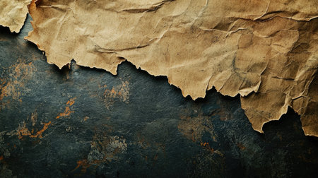 A detailed view of crumpled aged paper with torn edges resting on a dark background. Ideal for artistic projects, design elements, and creative inspiration.の素材