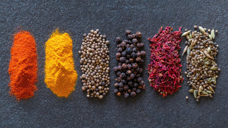 A vibrant selection of spices arranged in a line on a dark slate background. Perfect for culinary projects, food photography, or recipe illustrations.の素材